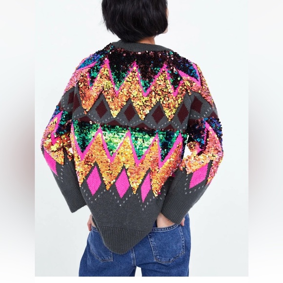 ZARA MULTICOLOR OVERSIZED SEQUIN SWEATER RARE MEDIUM M - Picture 12 of 16